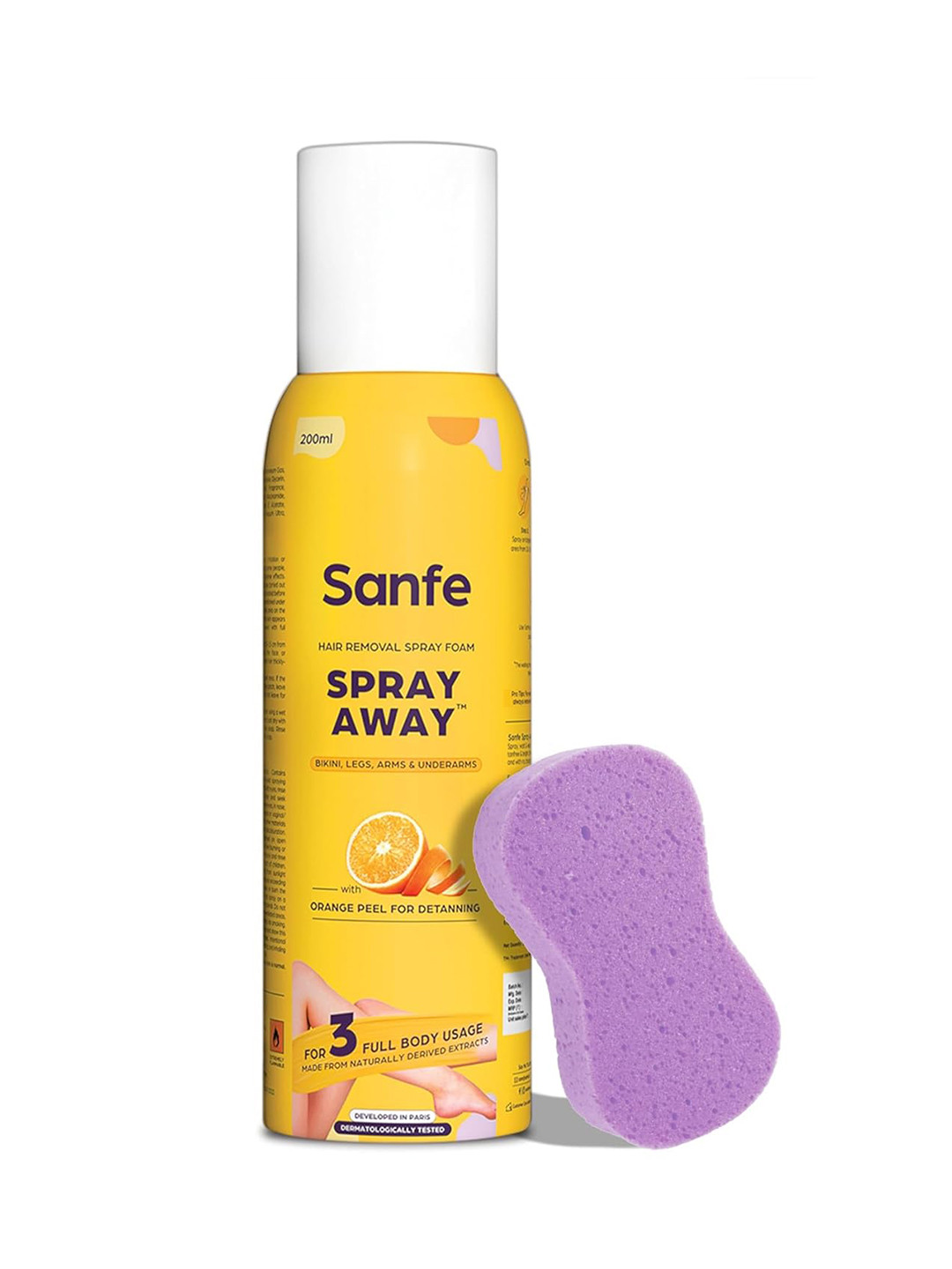 

Sanfe Spray Away Painless & Detan Hair Removal Spray Foam with Orange Peel - 200 ml, Yellow