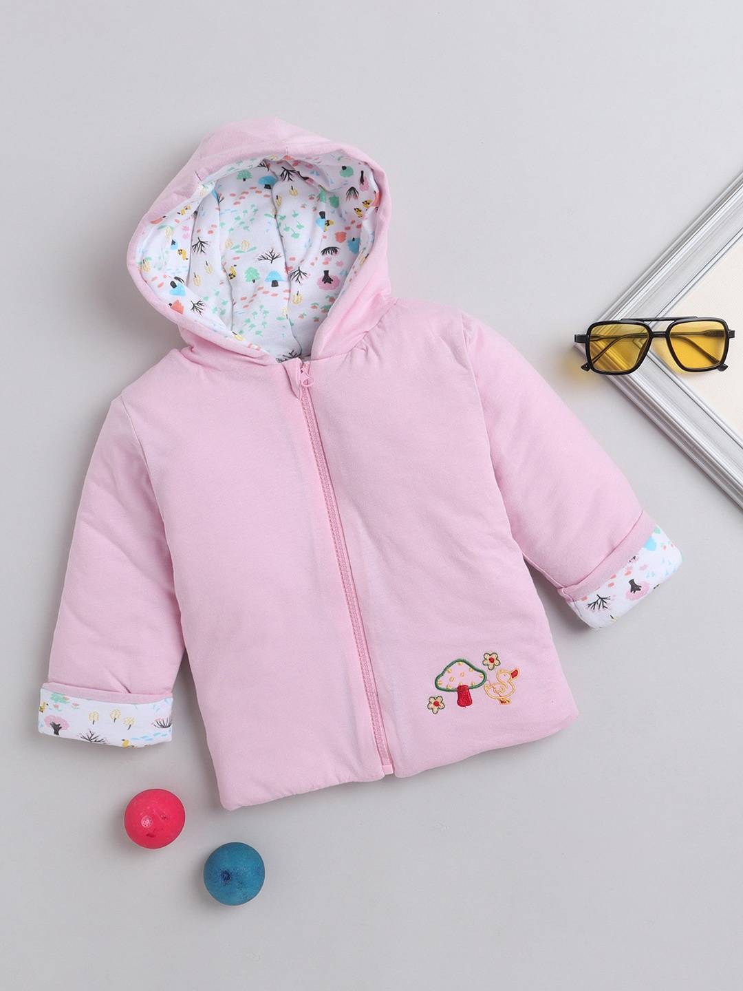 

BUMZEE Girls Conversational Hooded Reversible Bomber Jacket, Pink