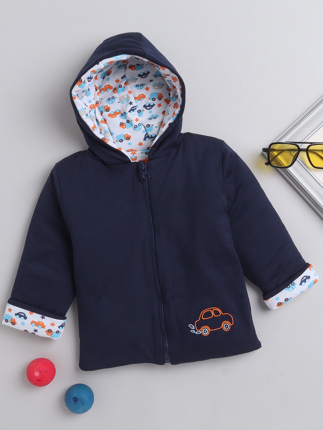

BUMZEE Boys Conversational Hooded Reversible Bomber Jacket, Navy blue