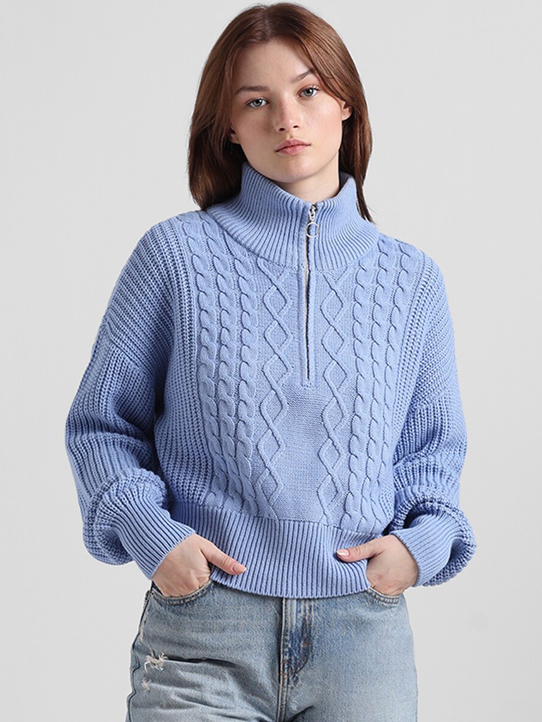 

ONLY Cable Knit Self Design Turtle Neck Half Zipper Pullover Sweater, Blue