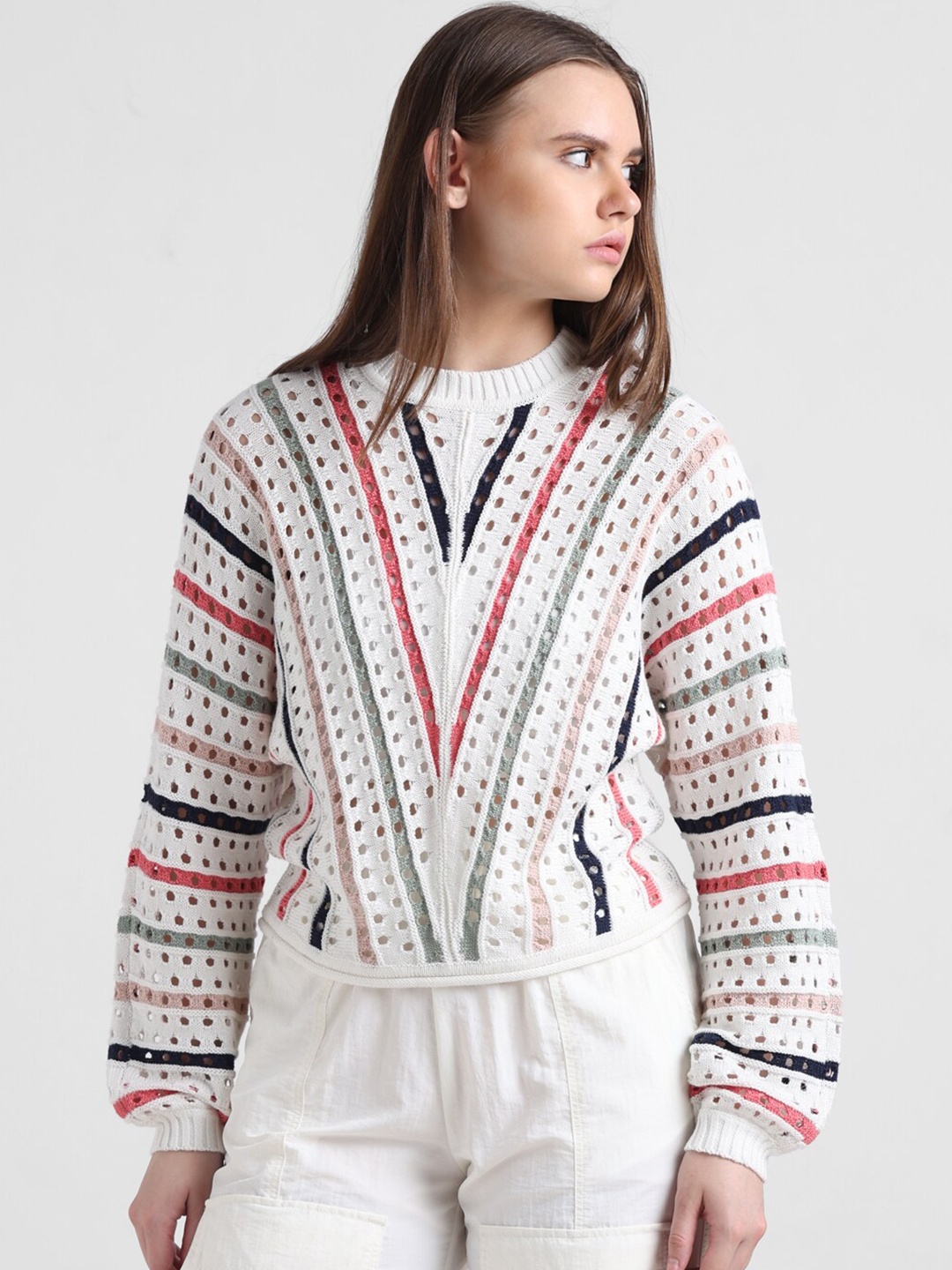 

ONLY Open Knit Self Design Round Neck Pullover Sweater, White