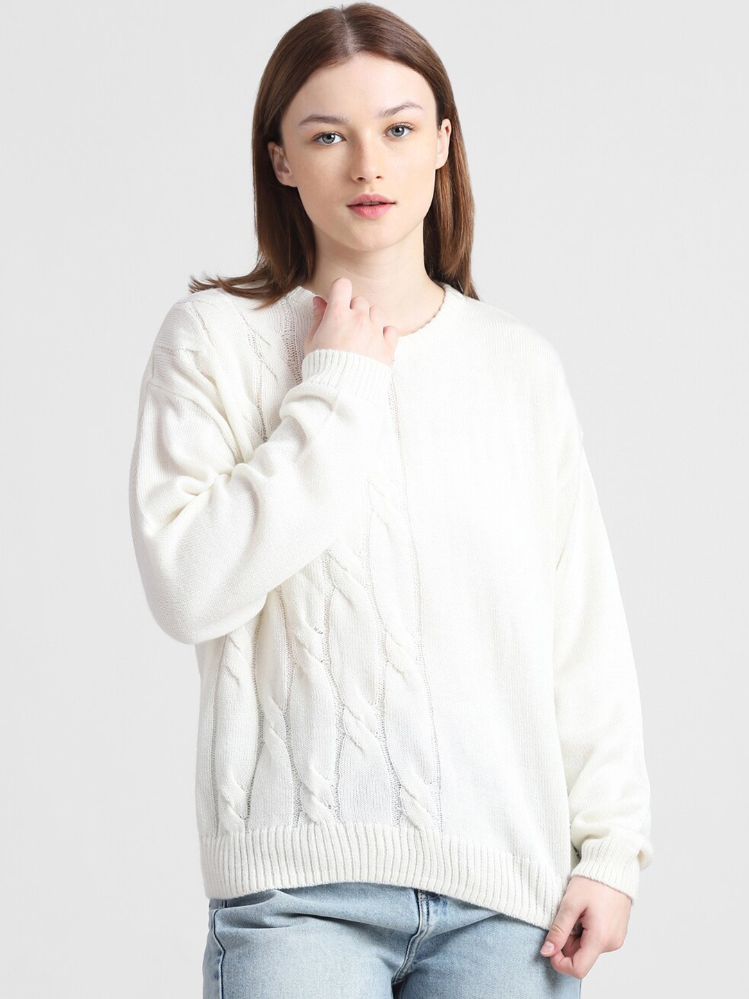 

ONLY Cable Knit Self Design Acrylic Pullover Sweater, White