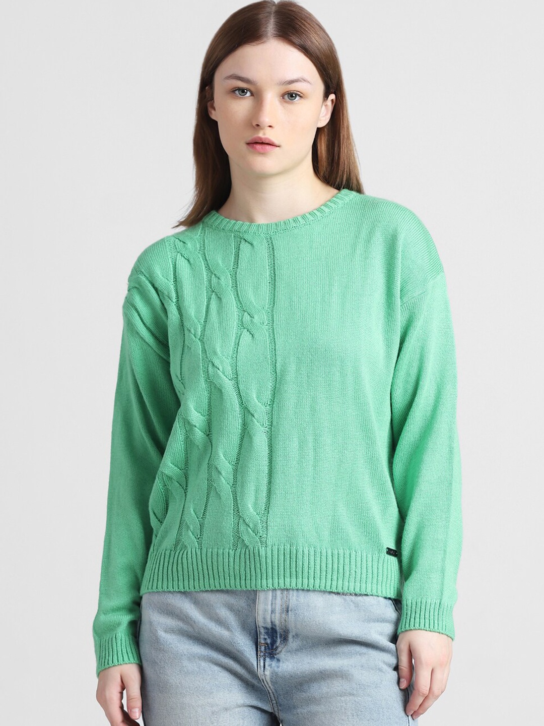 

ONLY Cable Knit Self Design Acrylic Pullover Sweater, Green