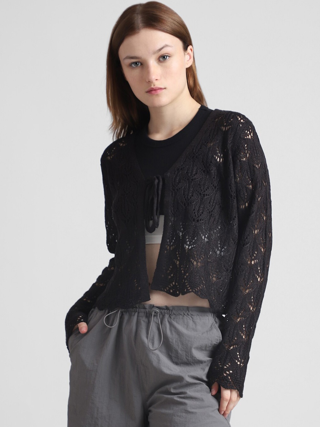 

ONLY Self Design Lace Detail Knitted Semi Sheer Acrylic Shrugs, Black