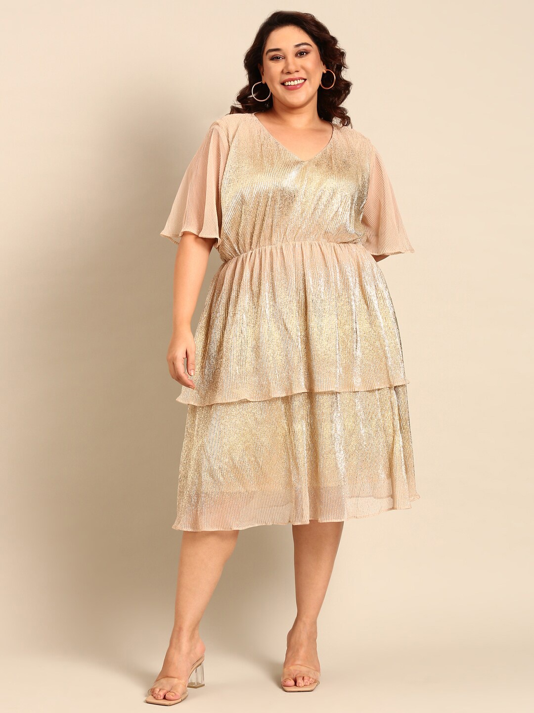 

The Pink Moon Plus Size Embellished Layered Bling & Sparkly Fit & Flare Dress, Gold