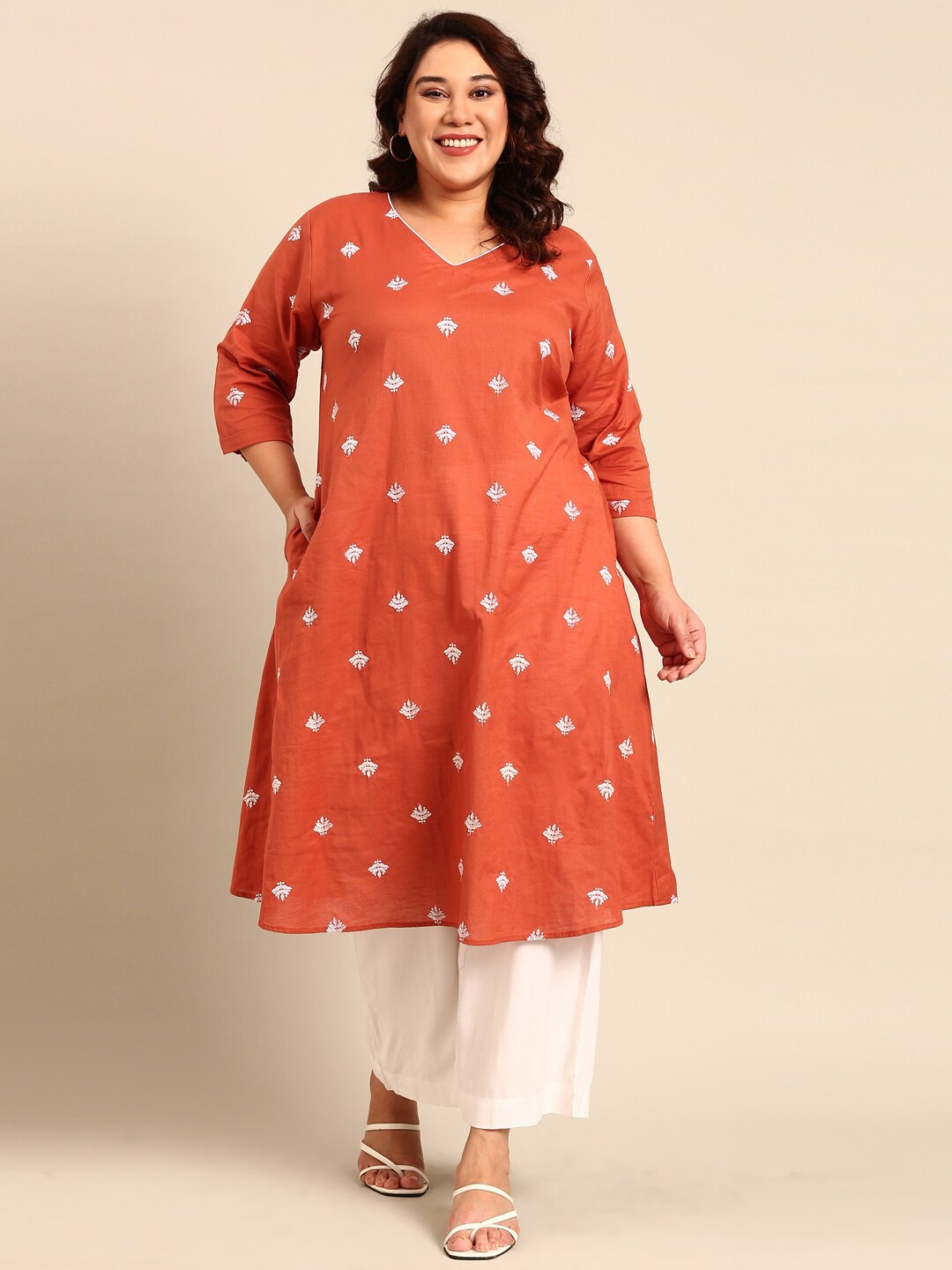 

The Pink Moon Ethnic Motifs Printed A-Line Midi Kurtas, Rust