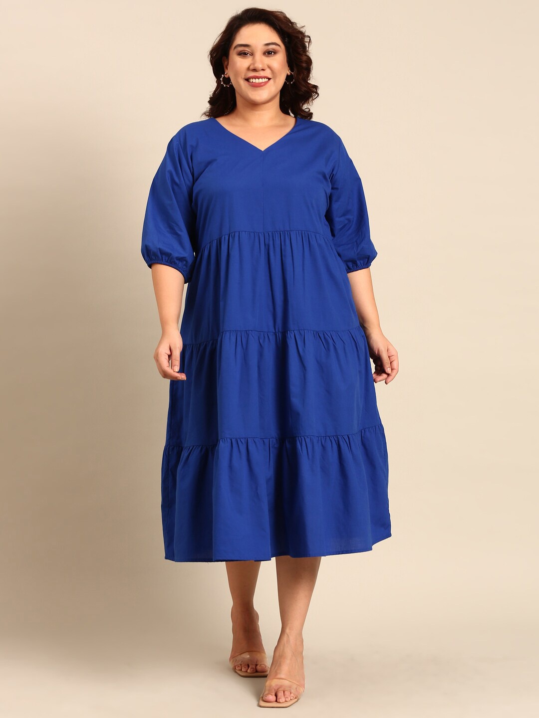 

The Pink Moon Plus Size Puff Sleeve Tiered A-Line Midi Dress, Blue