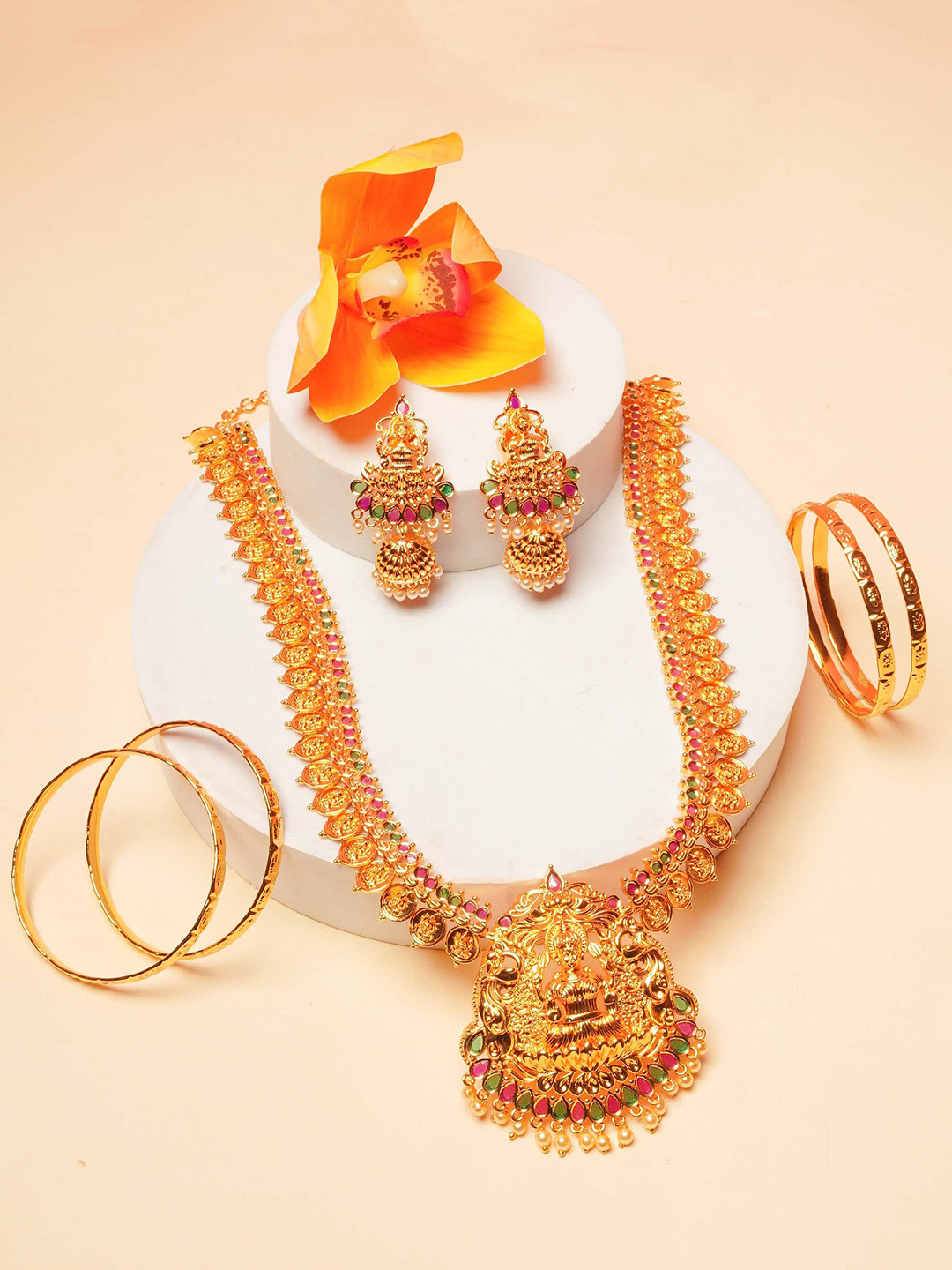 

GRIIHAM Gold-Plated Cubic Zirconia Studded Temple Jewellery Set With 4 Bangles