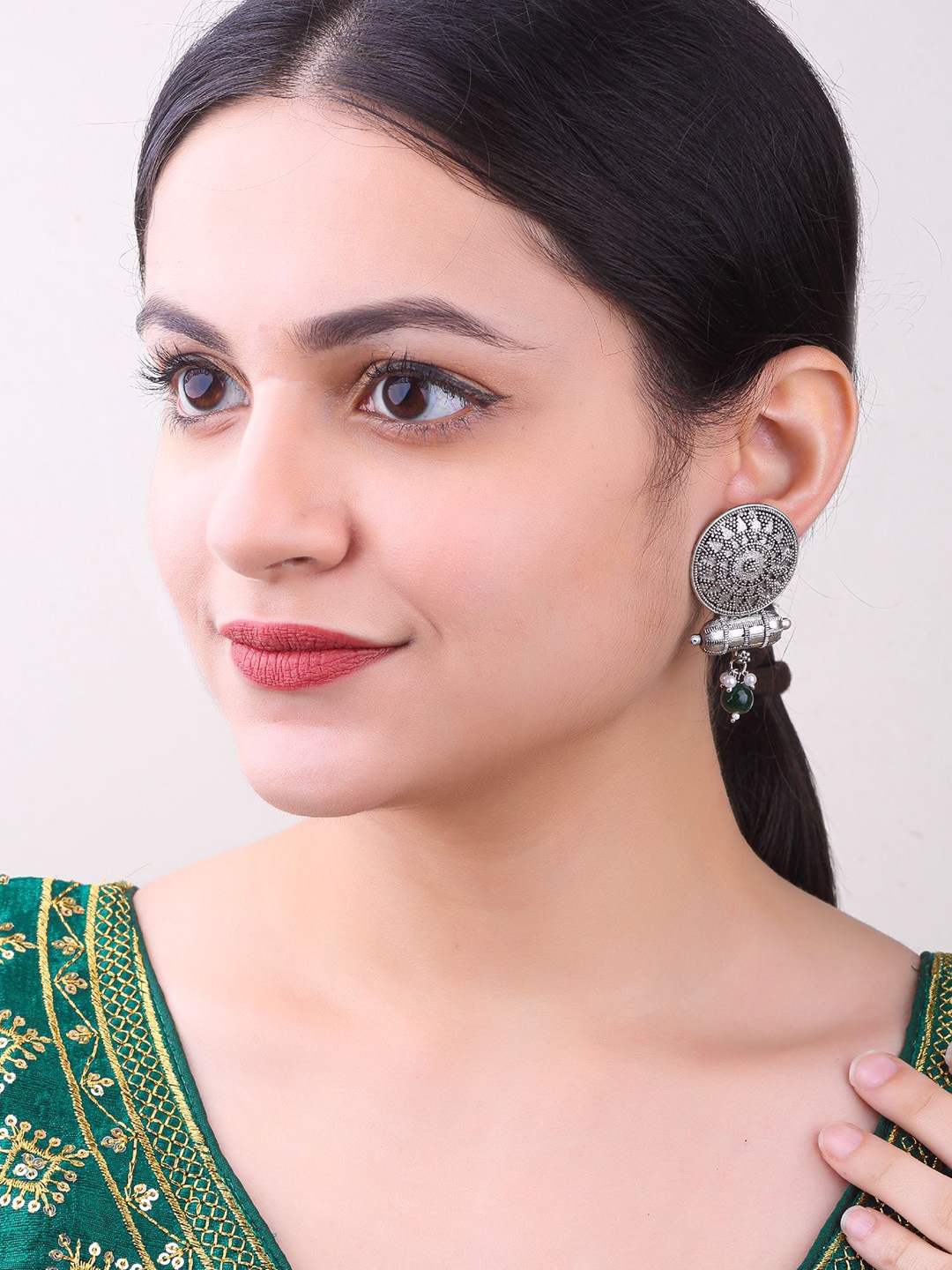 

GRIIHAM Silver Plated Oxidised Zircon Studded & Beaded Drop Earrings, Green