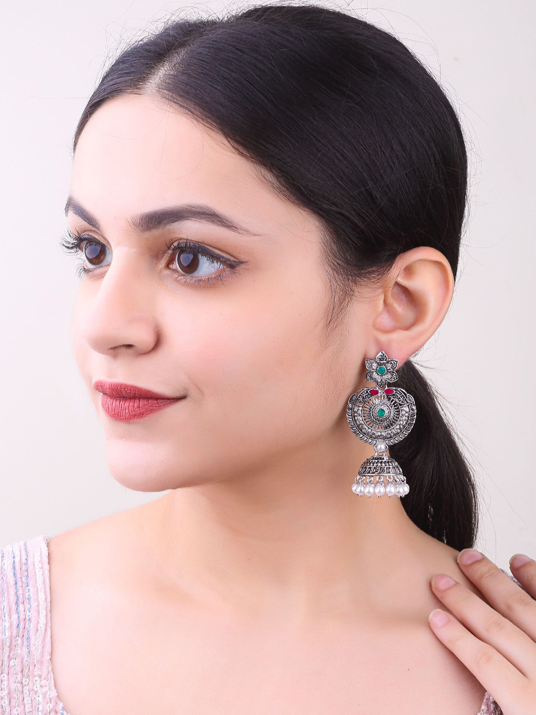 

GRIIHAM Stainless Steel Silver Plated Oxidised Zircon Studded Jhumkas