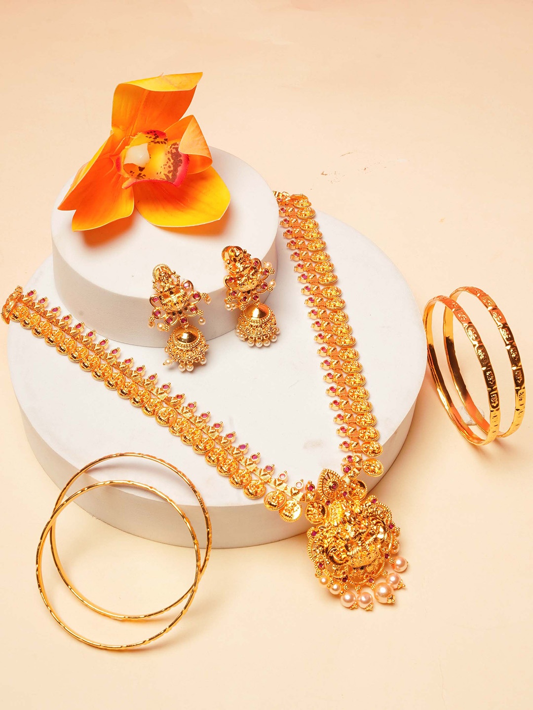 

GRIIHAM Gold-Plated CZ Stone Studded Long Laxmi Hara Jewellery Set With 4 Bangles