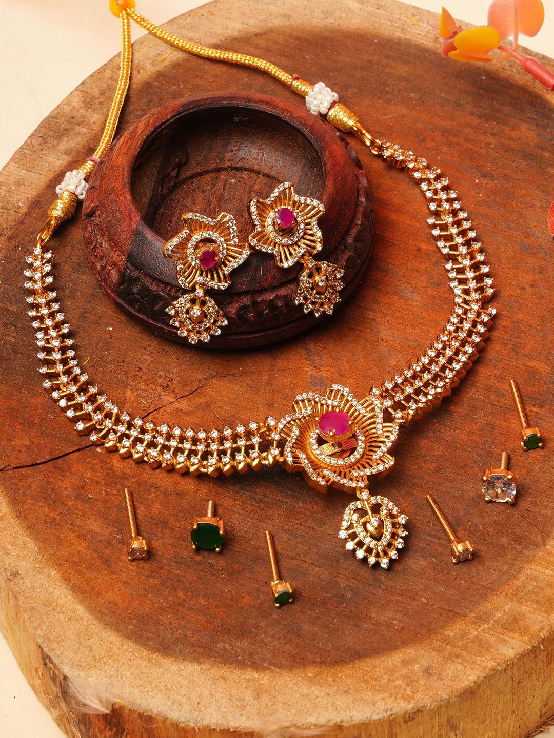 

GRIIHAM Gold-Plated Cubic Zirconia Studded Jewellery Set With 3 Interchangeable Stones