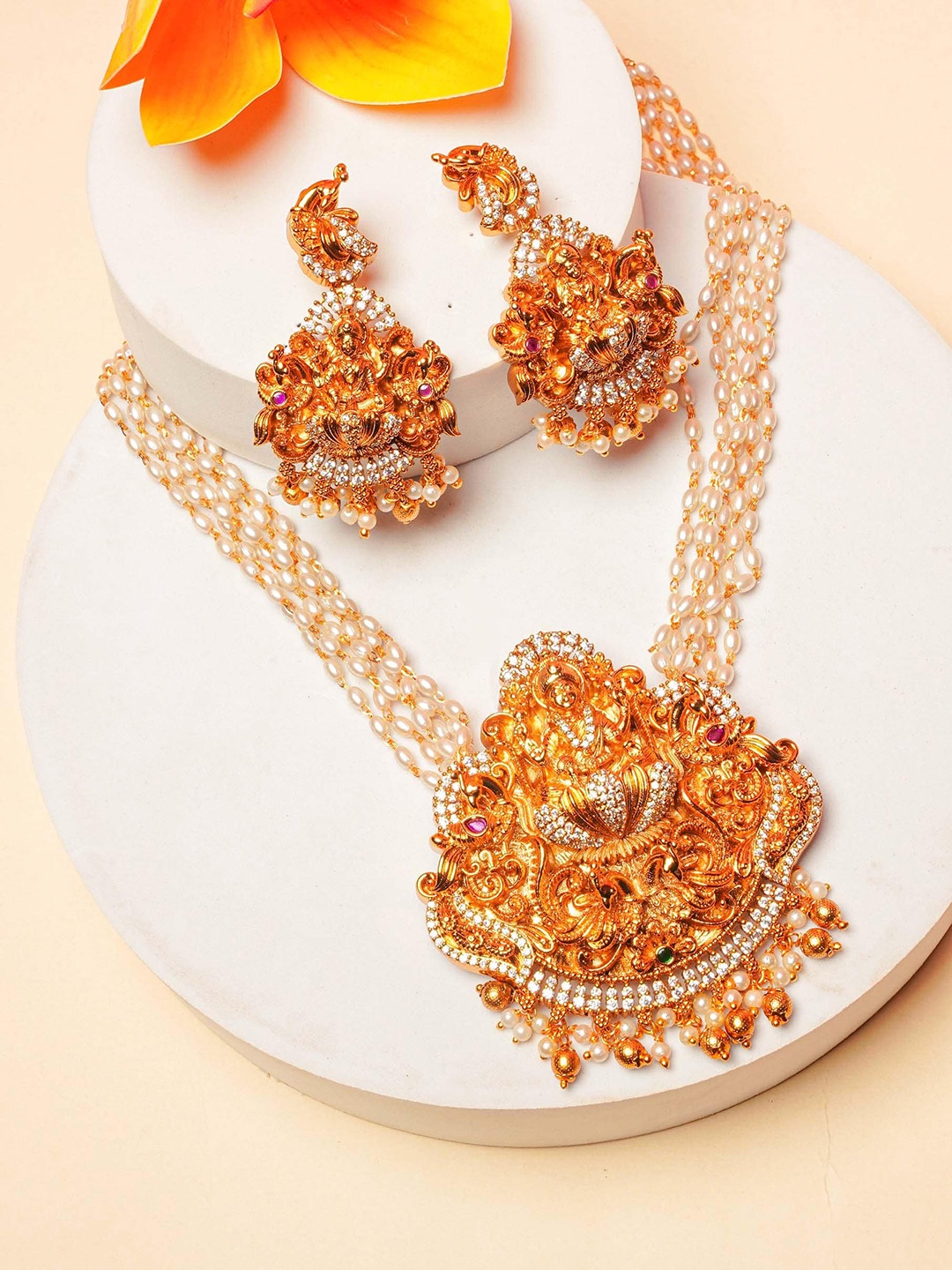 

GRIIHAM Gold-Plated Cubic Zirconia Studded Temple Jewellery Set