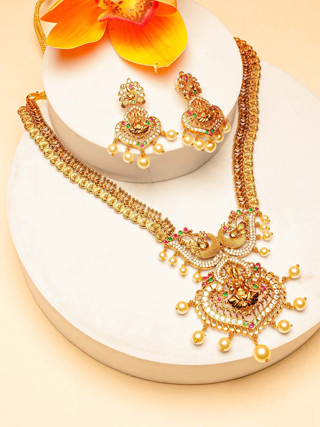 

GRIIHAM Gold-Plated Cubic Zirconia Studded Temple Jewellery Set