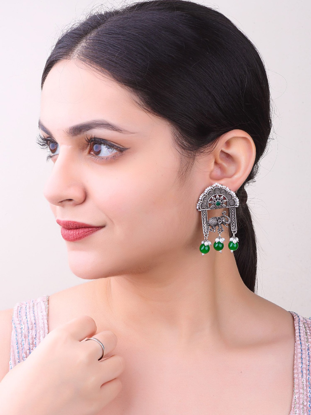 

GRIIHAM Silver Plated Oxidised Zircon Studded & Beaded Drop Earrings