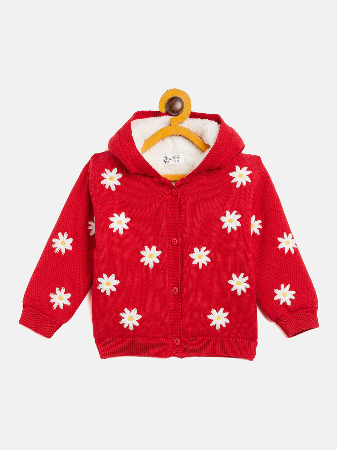 

JWAAQ Kids Floral Embroidered Long Sleeves Pure Cotton Hood Cardigan Sweater, Red