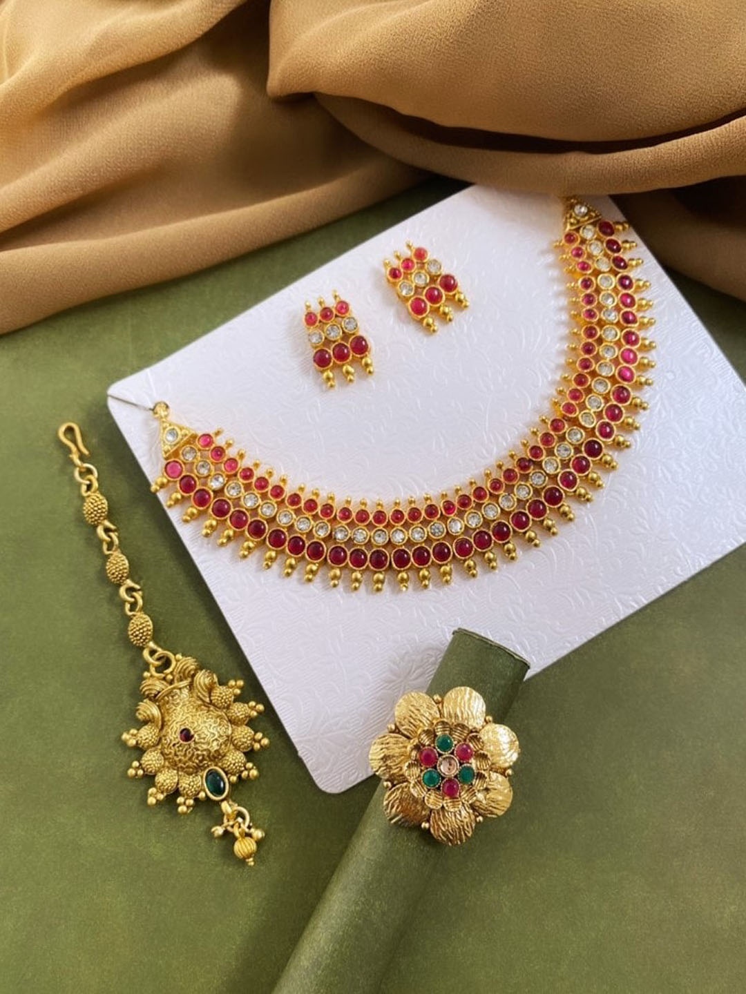 

ATIBELLE Gold-Plated Stone-Studded Necklace & Earrings With Finger Ring