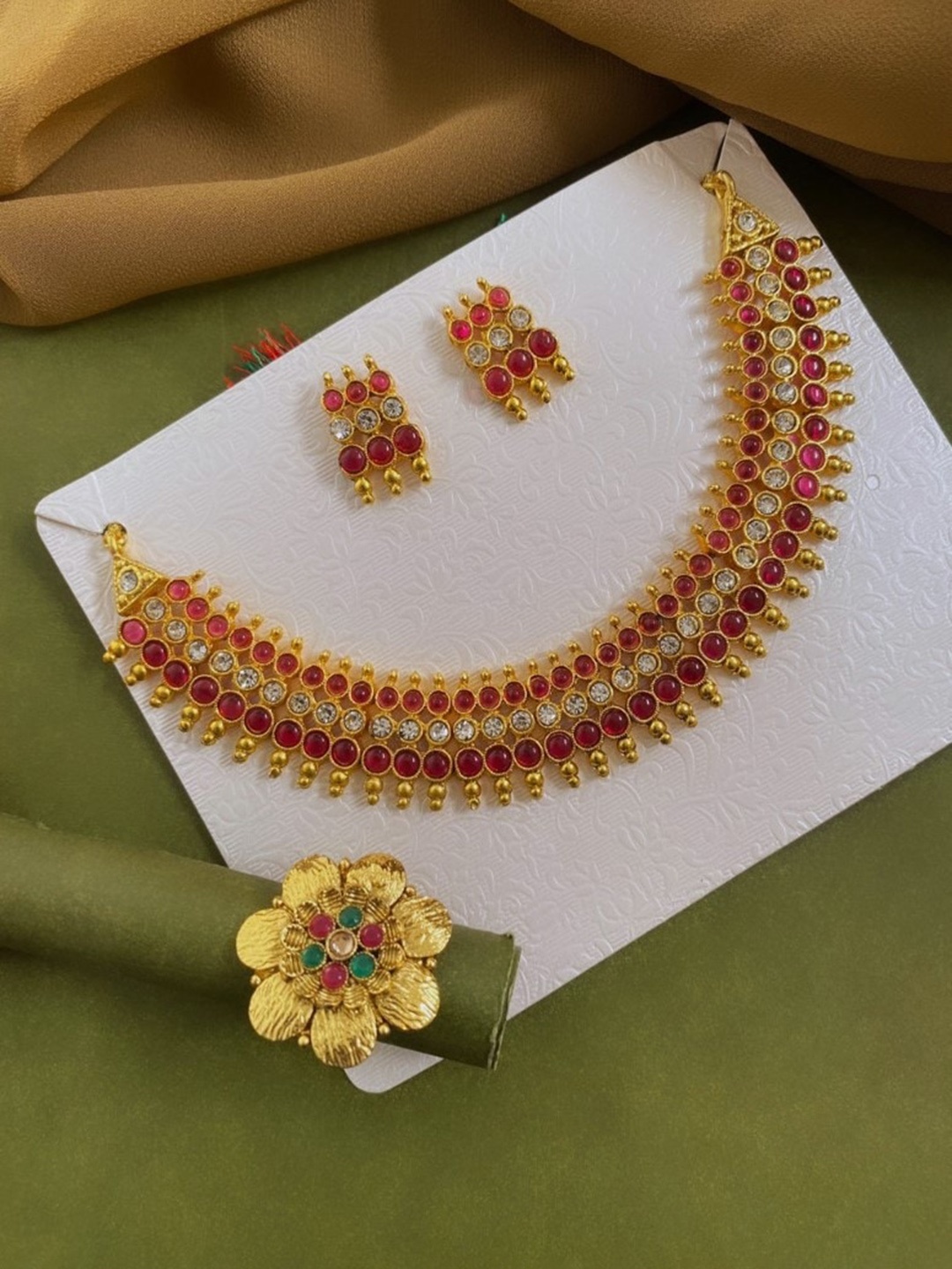 

ATIBELLE Gold-Plated Stone-Studded Necklace & Earrings With Finger Ring