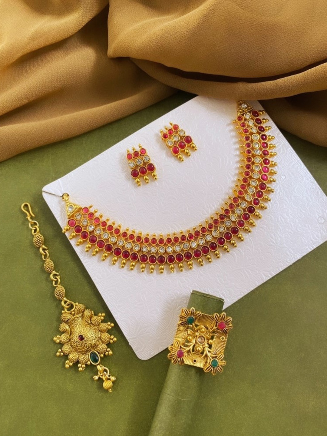 

ATIBELLE Gold-Plated Stone Studded Jewellery Set With Finger Ring & Maangtikka