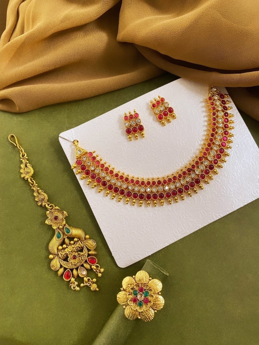 

ATIBELLE Gold-Plated Stone-Studded Jewellery Set With Finger Ring & Maangtikka