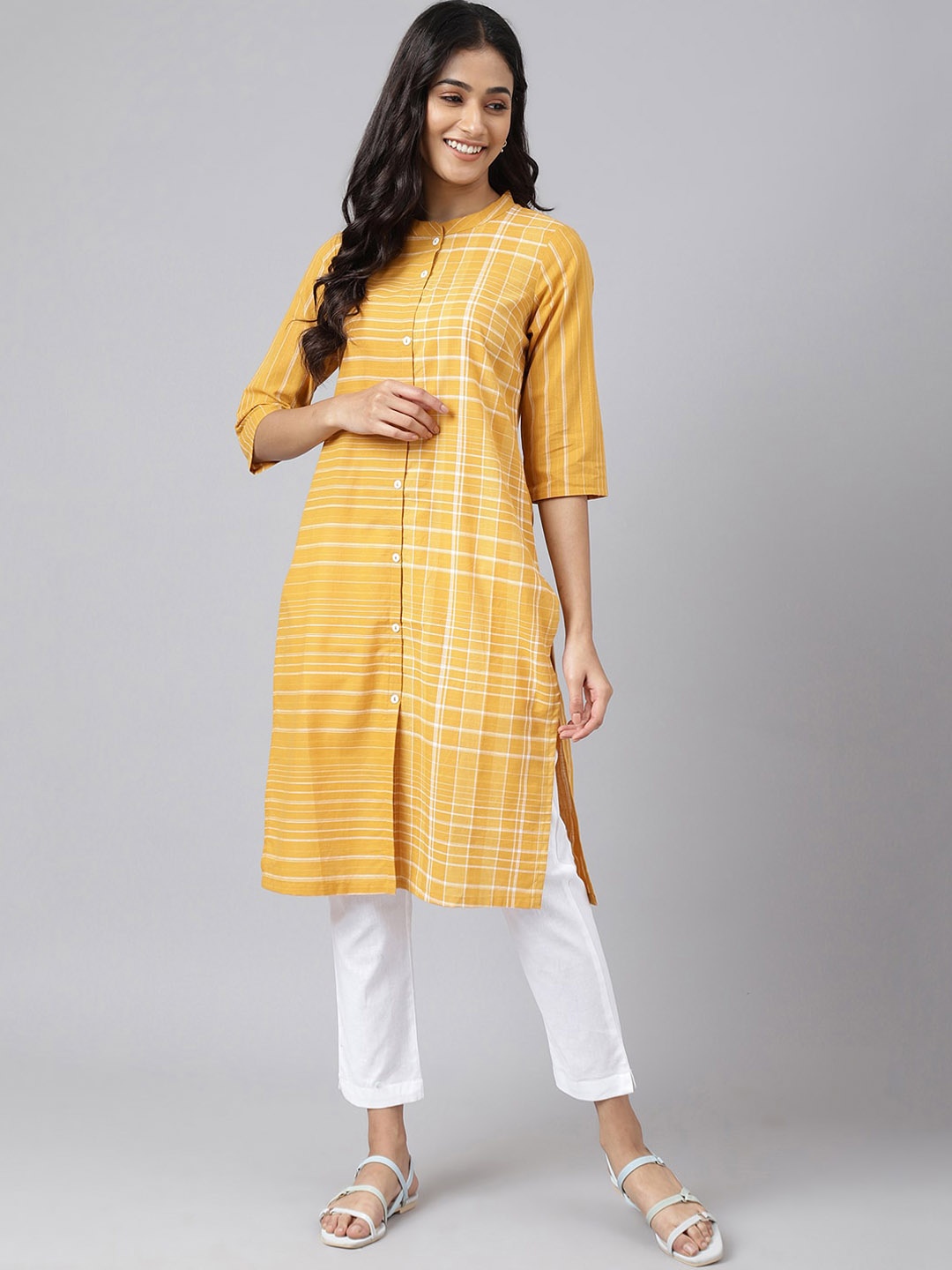 

AURELIA Checked Mandarin Collar Pure Cotton Straight Kurta, Yellow