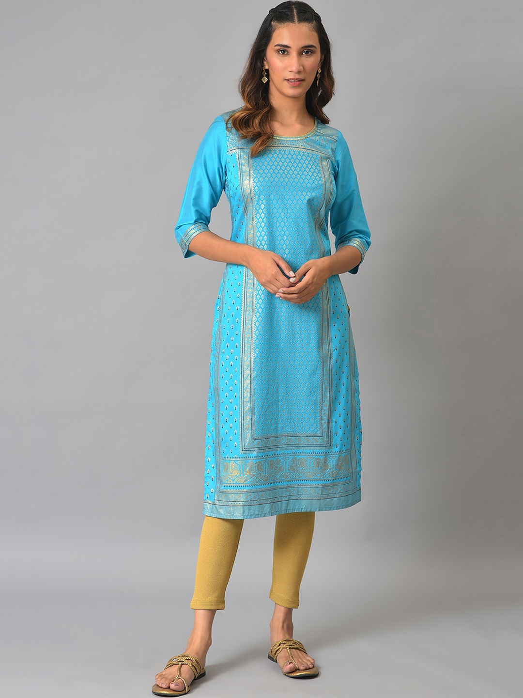 

AURELIA Floral Woven Design Kurta, Blue