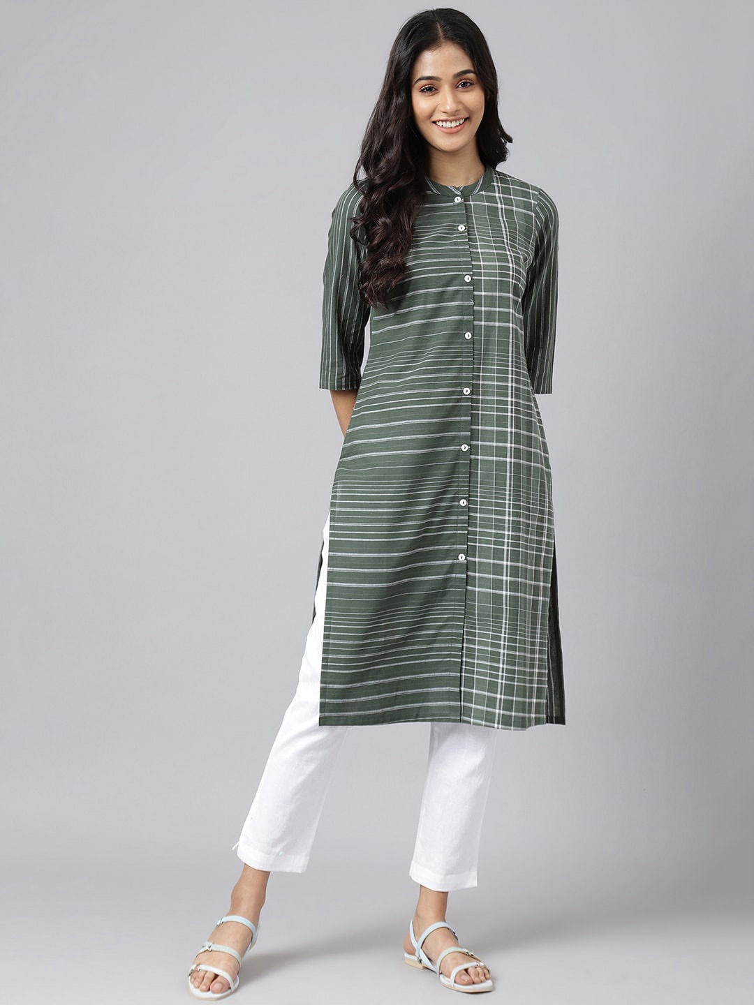 

AURELIA Striped Cotton Band Collar Kurta, Green