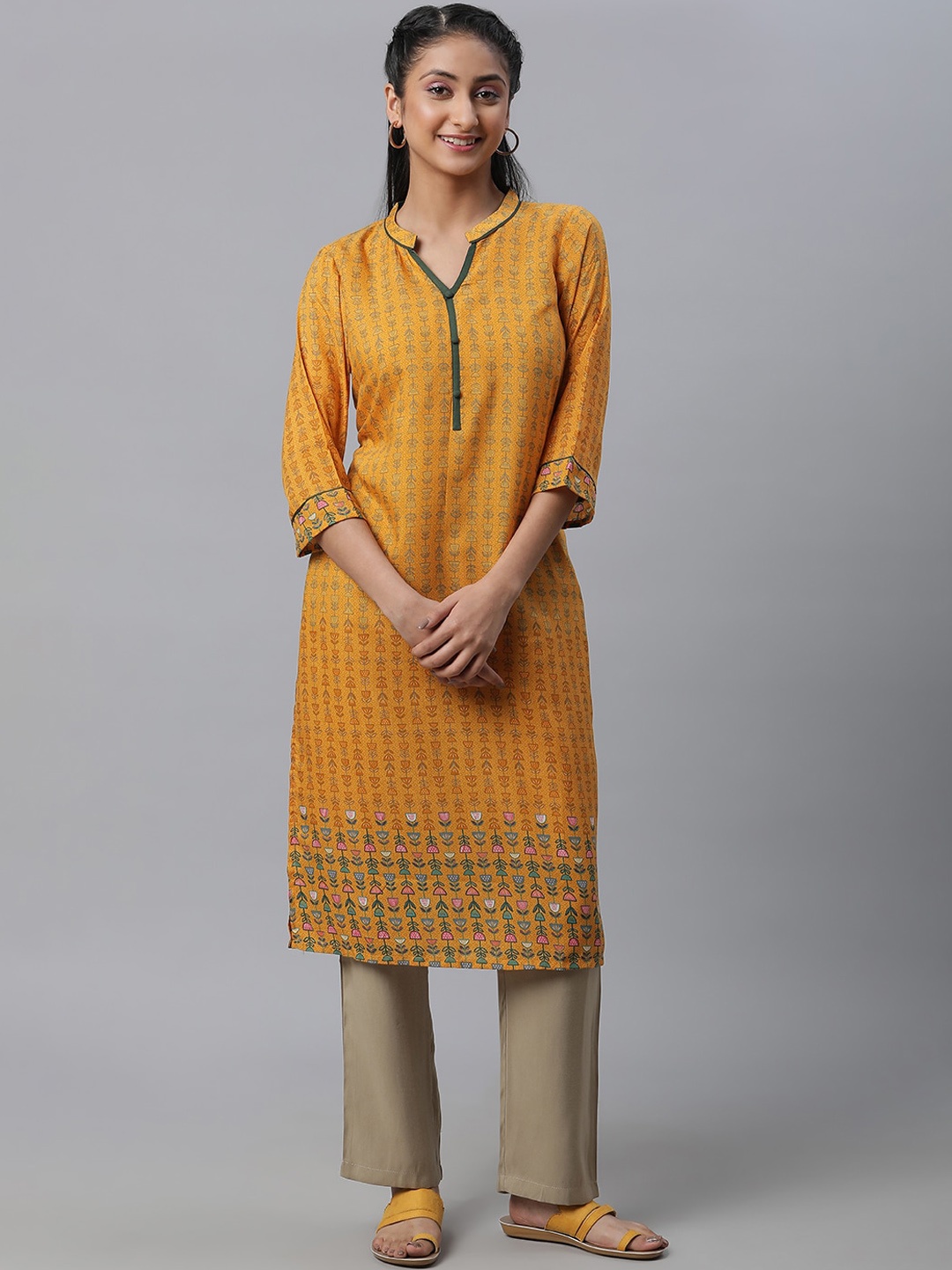 

AURELIA Ethnic Motif Printed Mandarin Collar Straight Kurta, Yellow