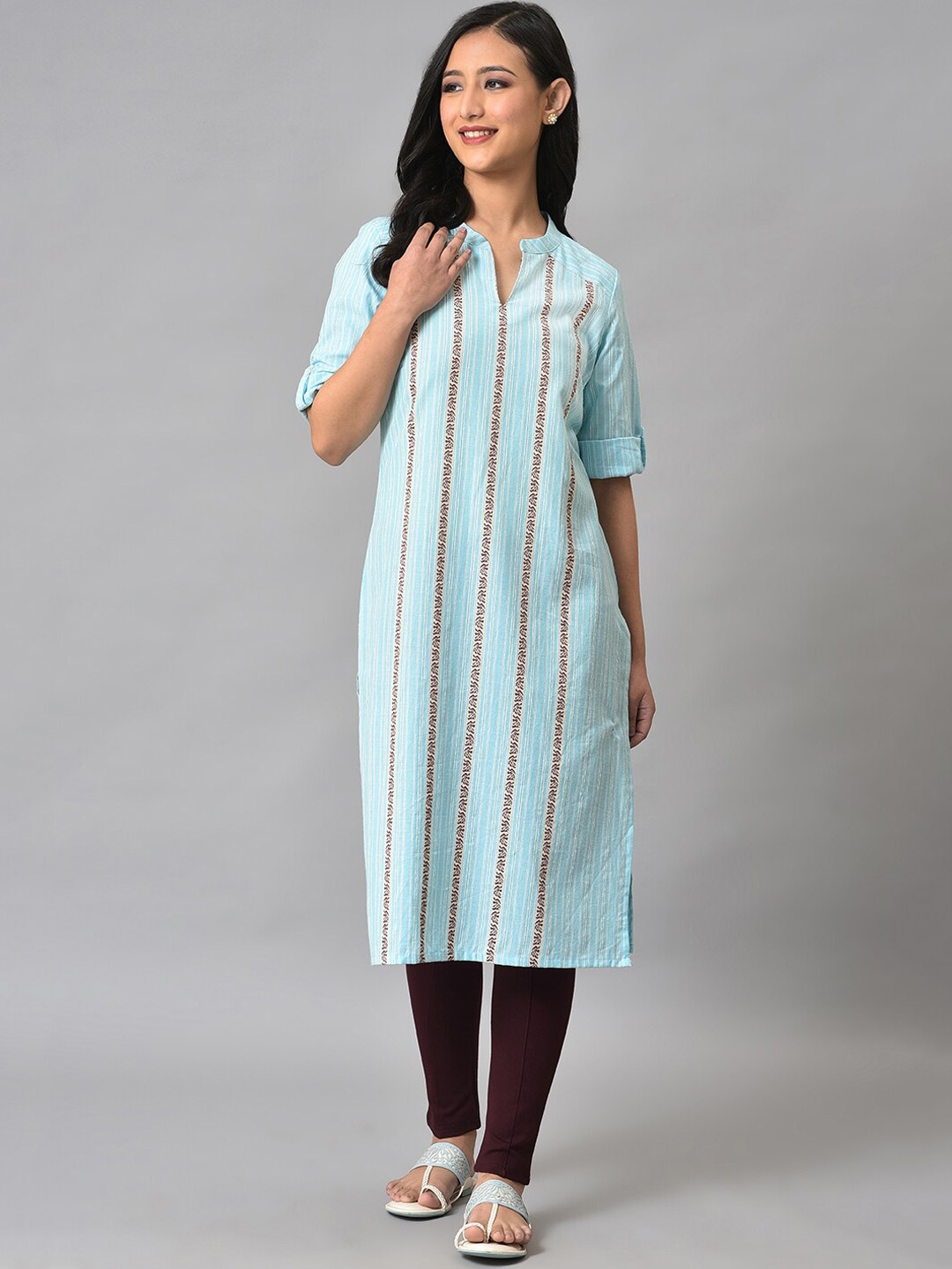 

AURELIA Striped Mandarin Collar Roll-Up Sleeves Pure Cotton Straight Kurta, Blue