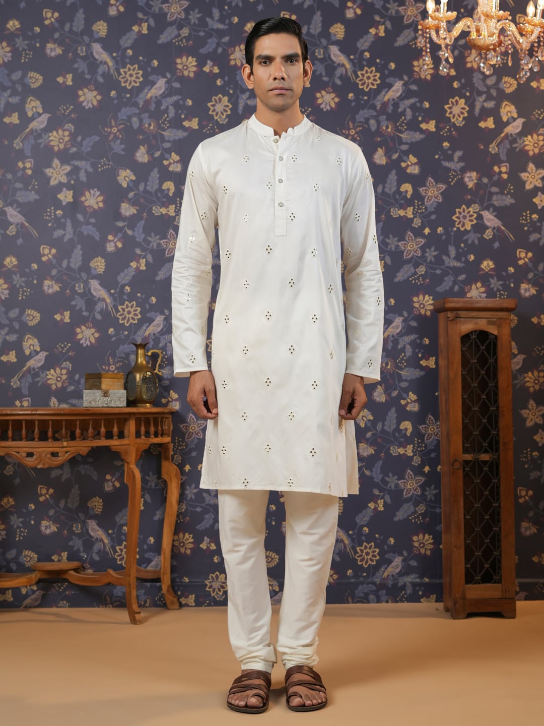 

House of Pataudi Men Off White Geometric Embroidered Mirror Work Kurta