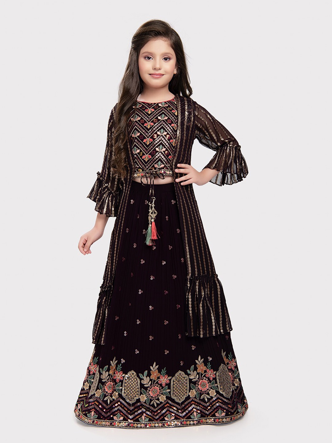 

Tiny Kingdom Girls Embroidered Thread Work Ready to Wear Lehenga & Blouse With long jacket, Purple