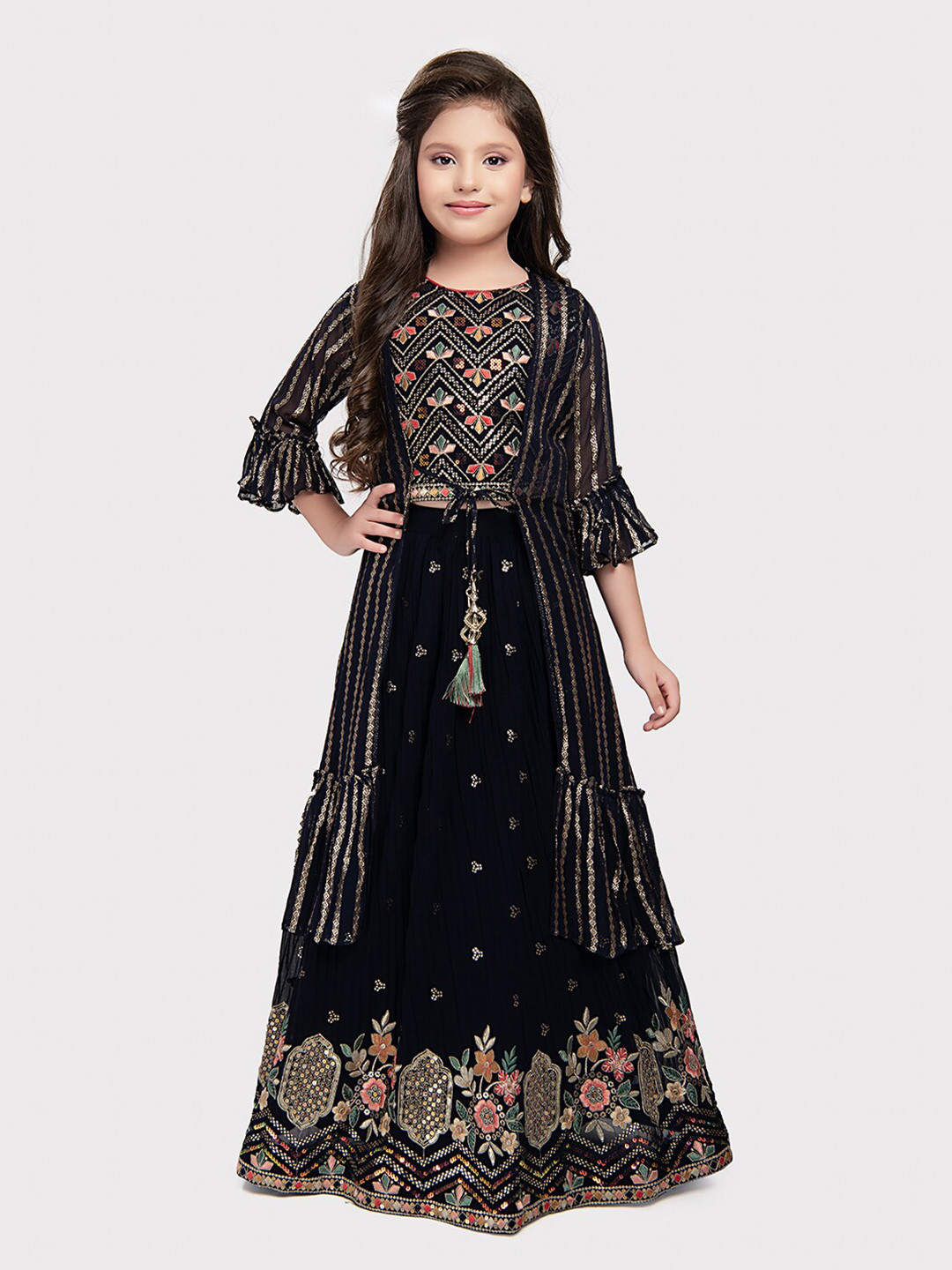 

Tiny Kingdom Girls Embroidered Thread Work Ready to Wear Lehenga & Blouse With long jacket, Blue