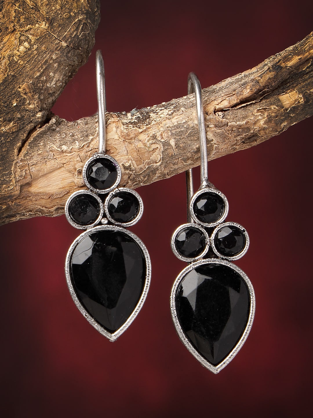 

Sanjog Black Silver-Plated Stone Studed Contemporary Drop Oxidised Earrings