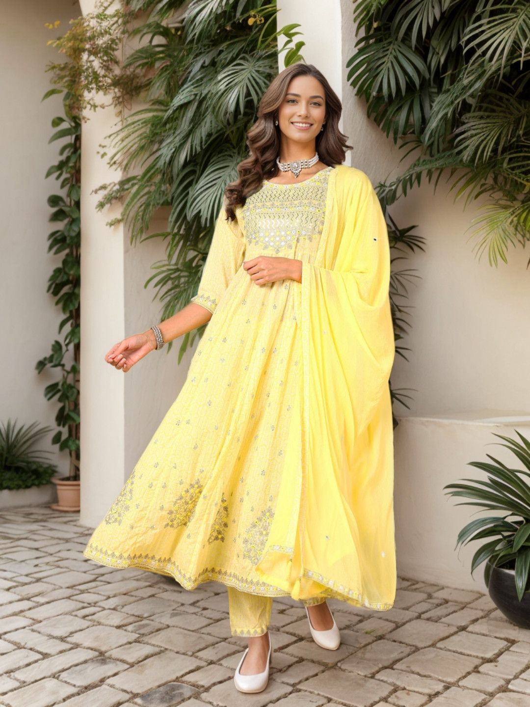 

AHIKA Yellow Ethnic Motifs Printed Pure Cotton Anarkali Kurta & Trousers With Dupatta