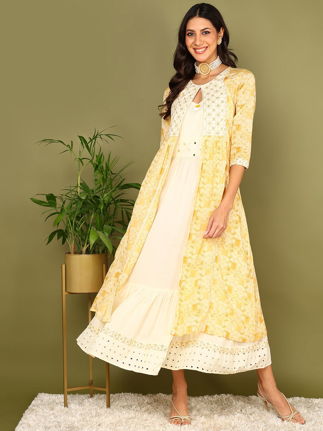 

AHIKA Geometric Printed Cotton A-Line Ethnic Dress With Jacket, Yellow