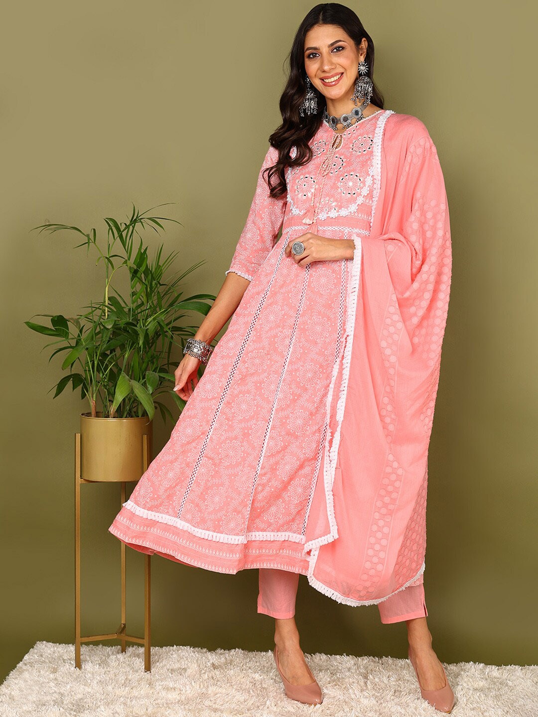 

AHIKA Floral Printed Mirror Work Pure Cotton Anarkali Kurta with Trousers & Dupatta, Pink