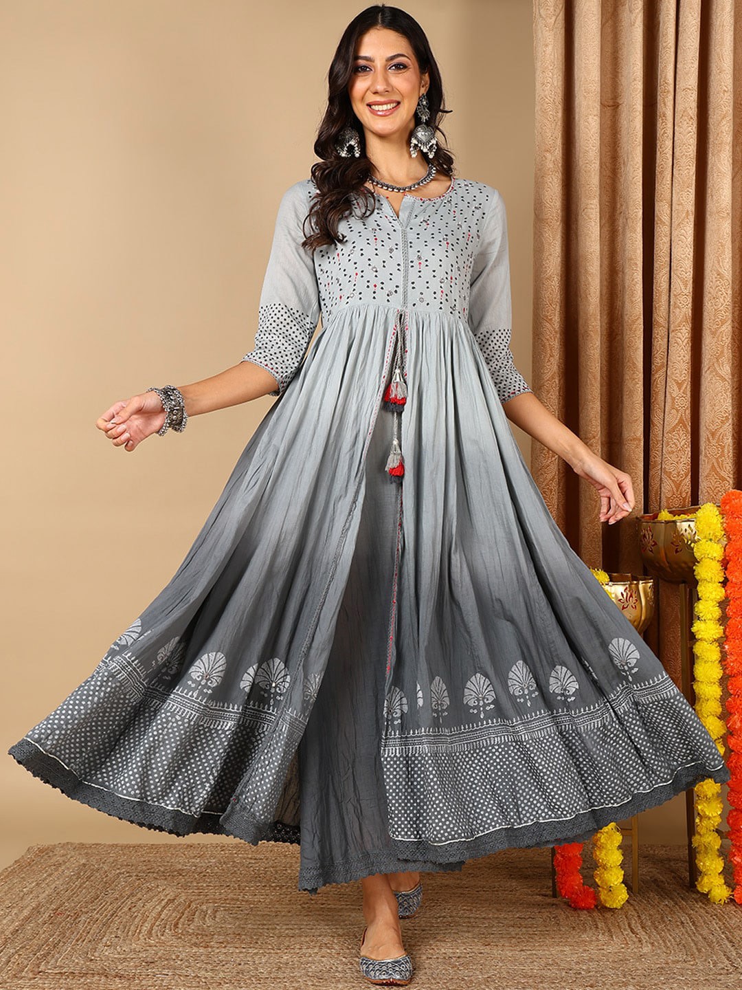 

AHIKA Ethnic Motifs Printed A-Line Cotton Ethnic Dress, Grey