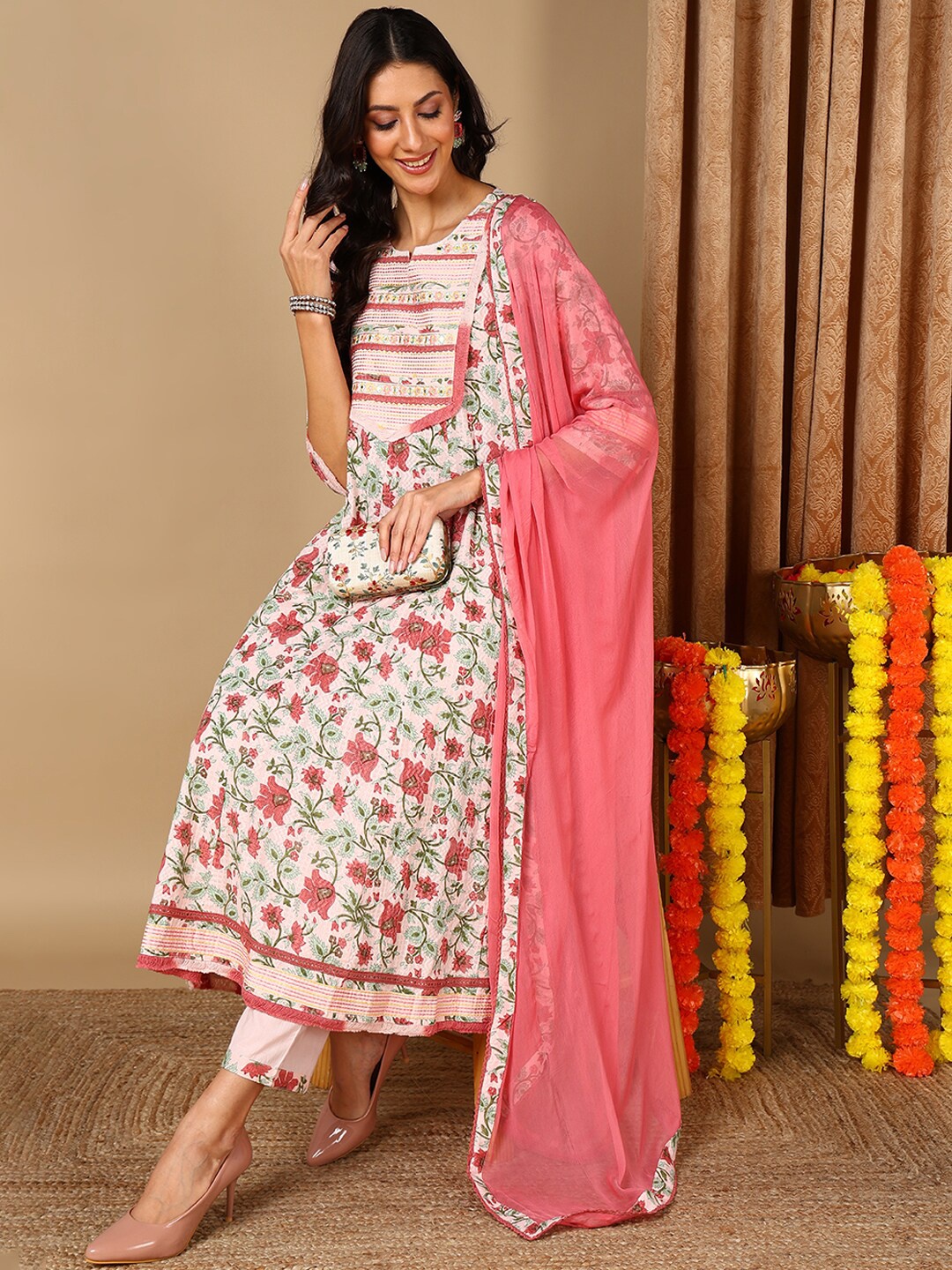 

AHIKA Pink Floral Printed Pure Cotton Anarkali Kurta & Trousers With Dupatta