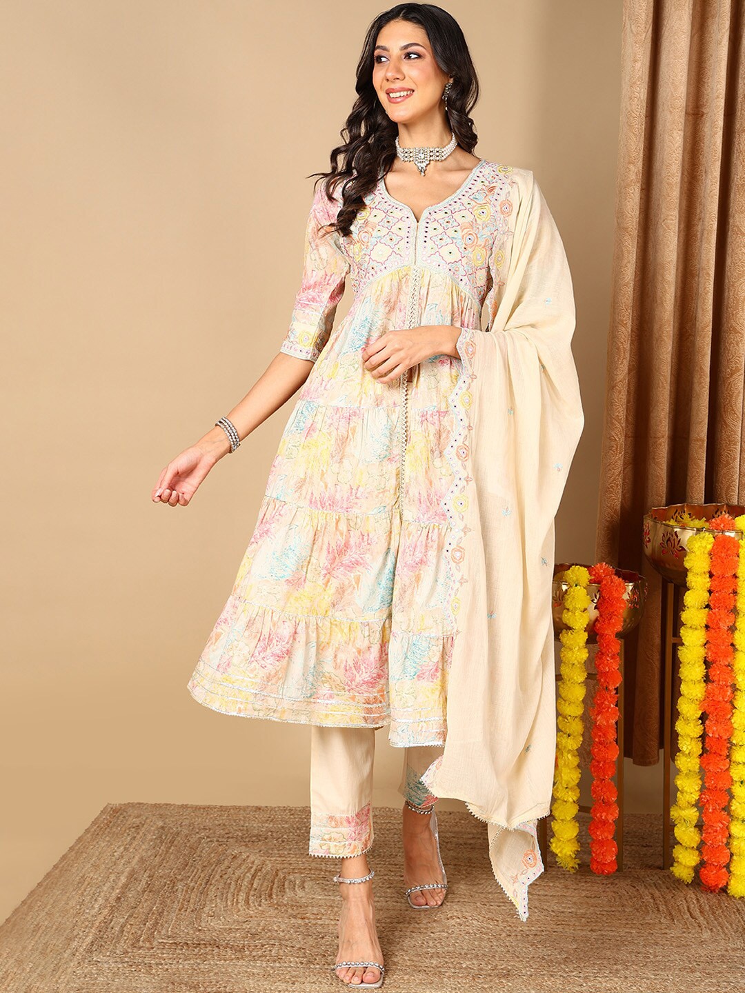 

AHIKA Floral Printed Mirror Work Tiered Anarkali Pure Cotton Kurta with Trouser & Dupatta, Beige