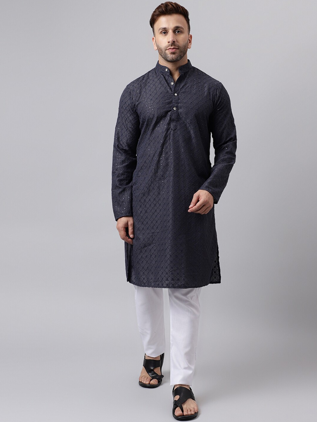 

Hangup Geometric Embroidered Sequinned Band Collar Regular Kurta & Pyjamas With Jacket, Black