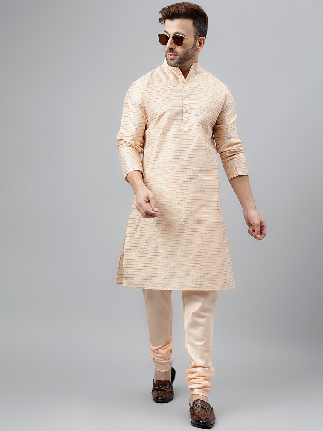 

Hangup Striped Band Collar Thread Work Straight Kurta with Churidar, Pink
