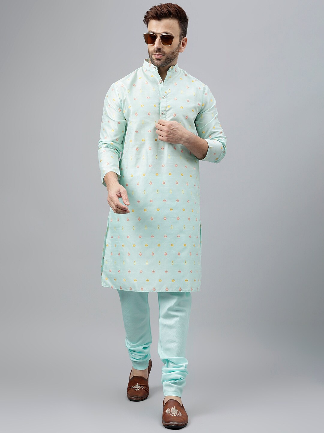 

Hangup Ethnic Motifs Woven Design Band Collar Straight Kurta with Churidar, Blue
