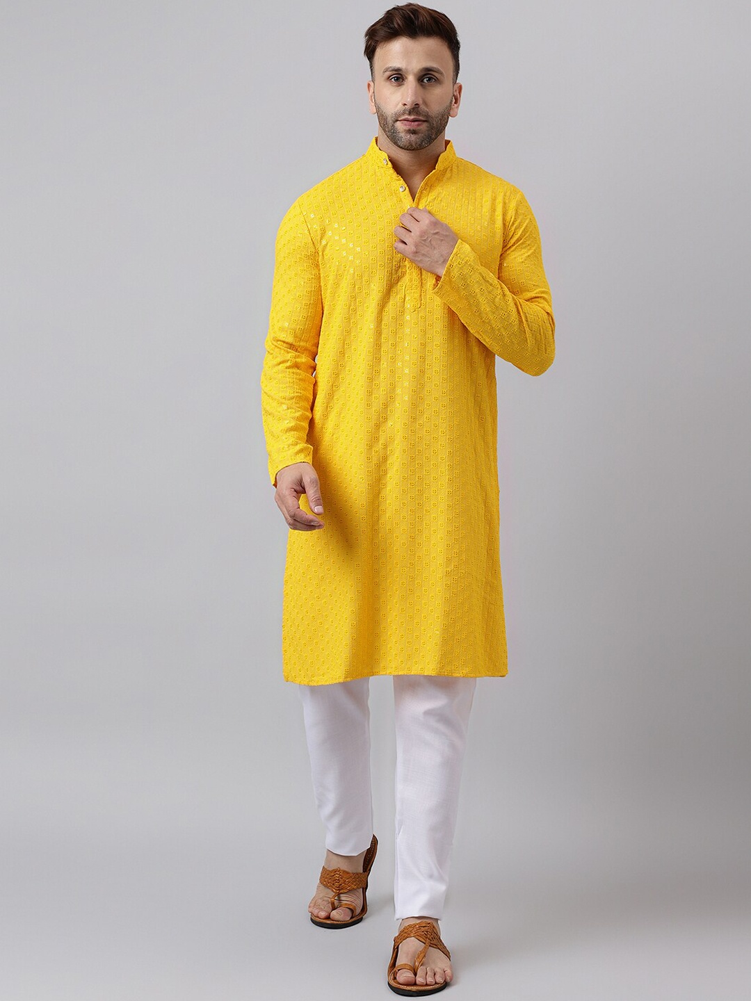 

Hangup Ethnic Motifs Embroidered Sequinned Straight Kurta With Pyjamas, Yellow