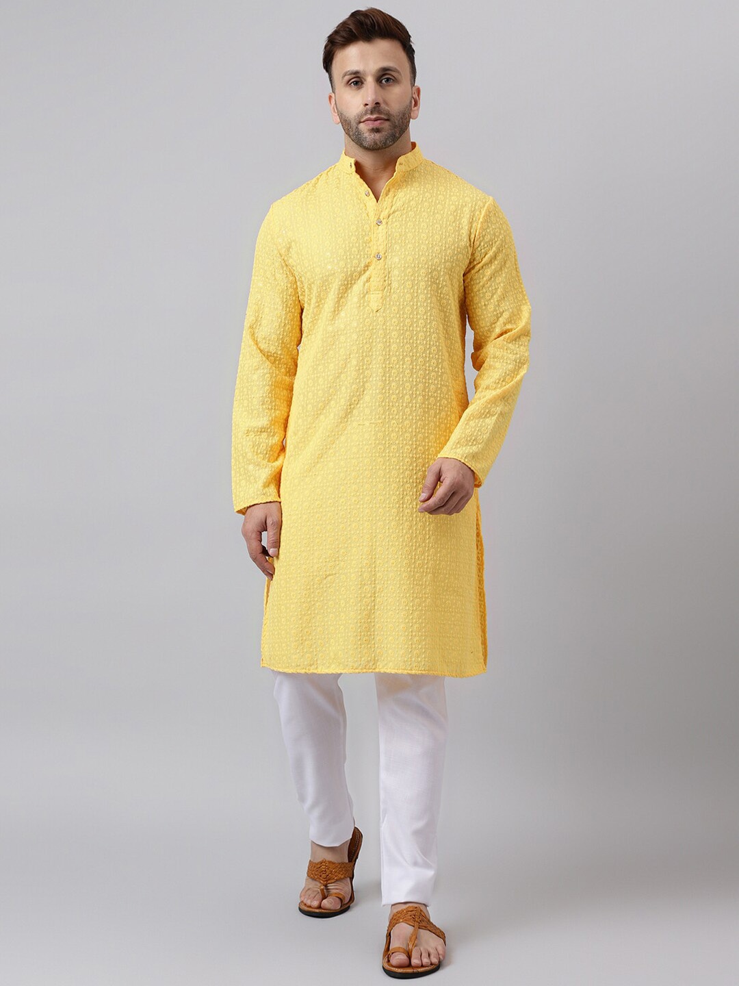 

Hangup Ethnic Motifs Embroidered Band Collar Straight Kurta with Trouser, Yellow