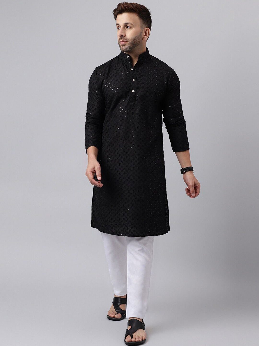 

Hangup Geometric Embroidered Sequinned Kurta with Pyjamas, Black