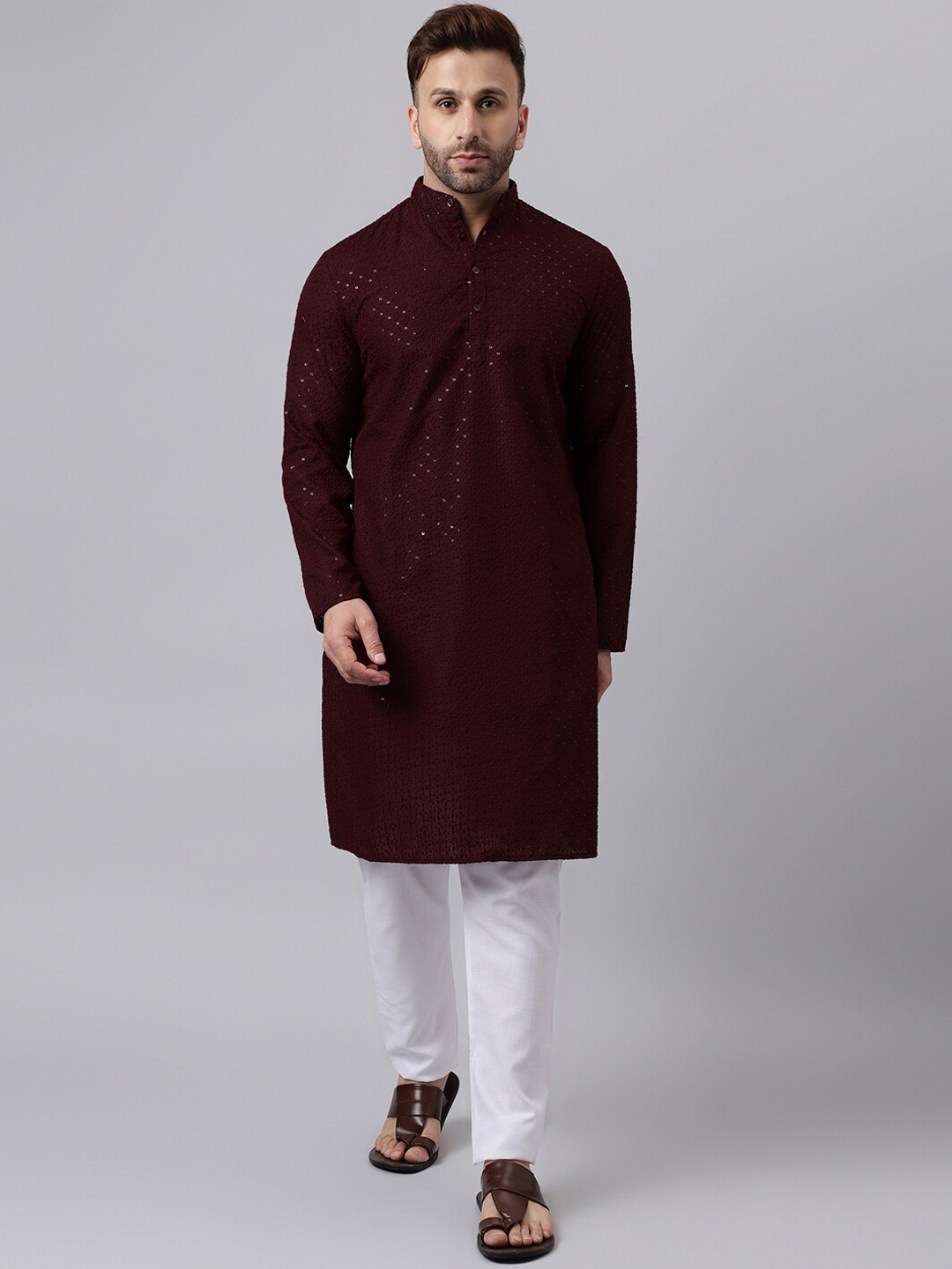 

Hangup Ethnic Motifs Embroidered Band Collar Sequinned Straight Kurta with Trouser, Maroon