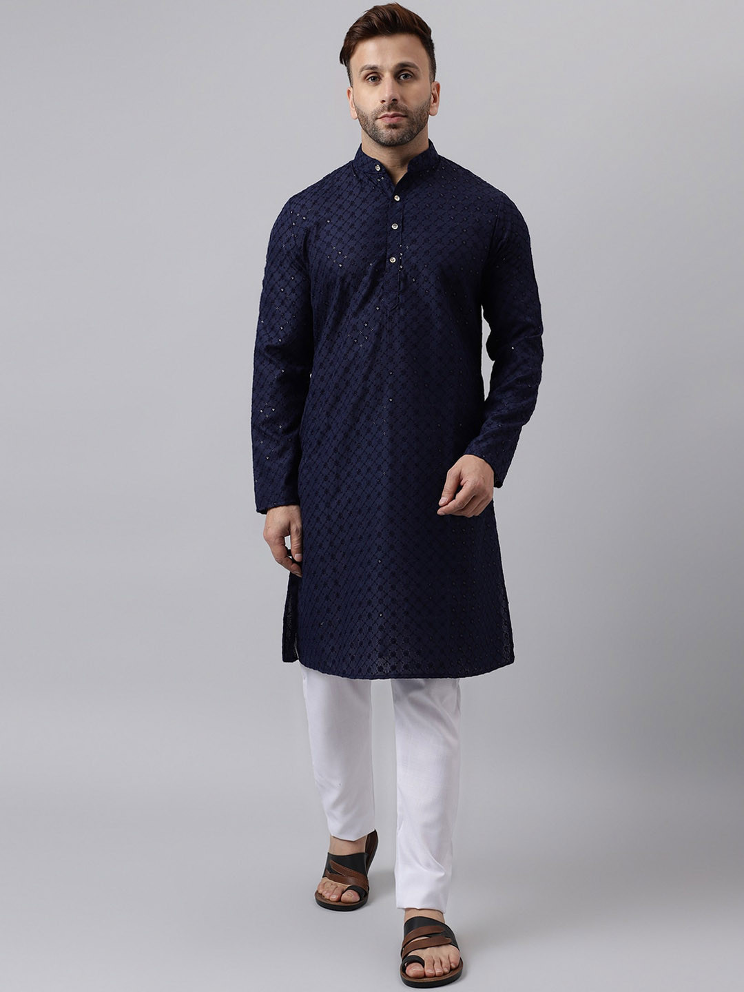 

Hangup Geometric Embroidered Sequinned Kurta with Pyjamas, Navy blue