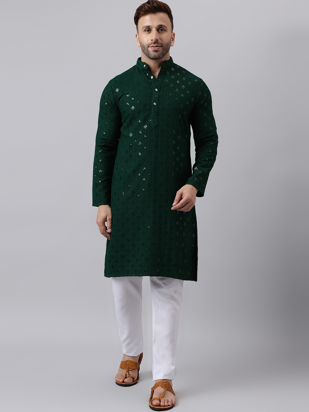 

Hangup Geometric Embroidered Sequinned Kurta with Pyjamas, Green