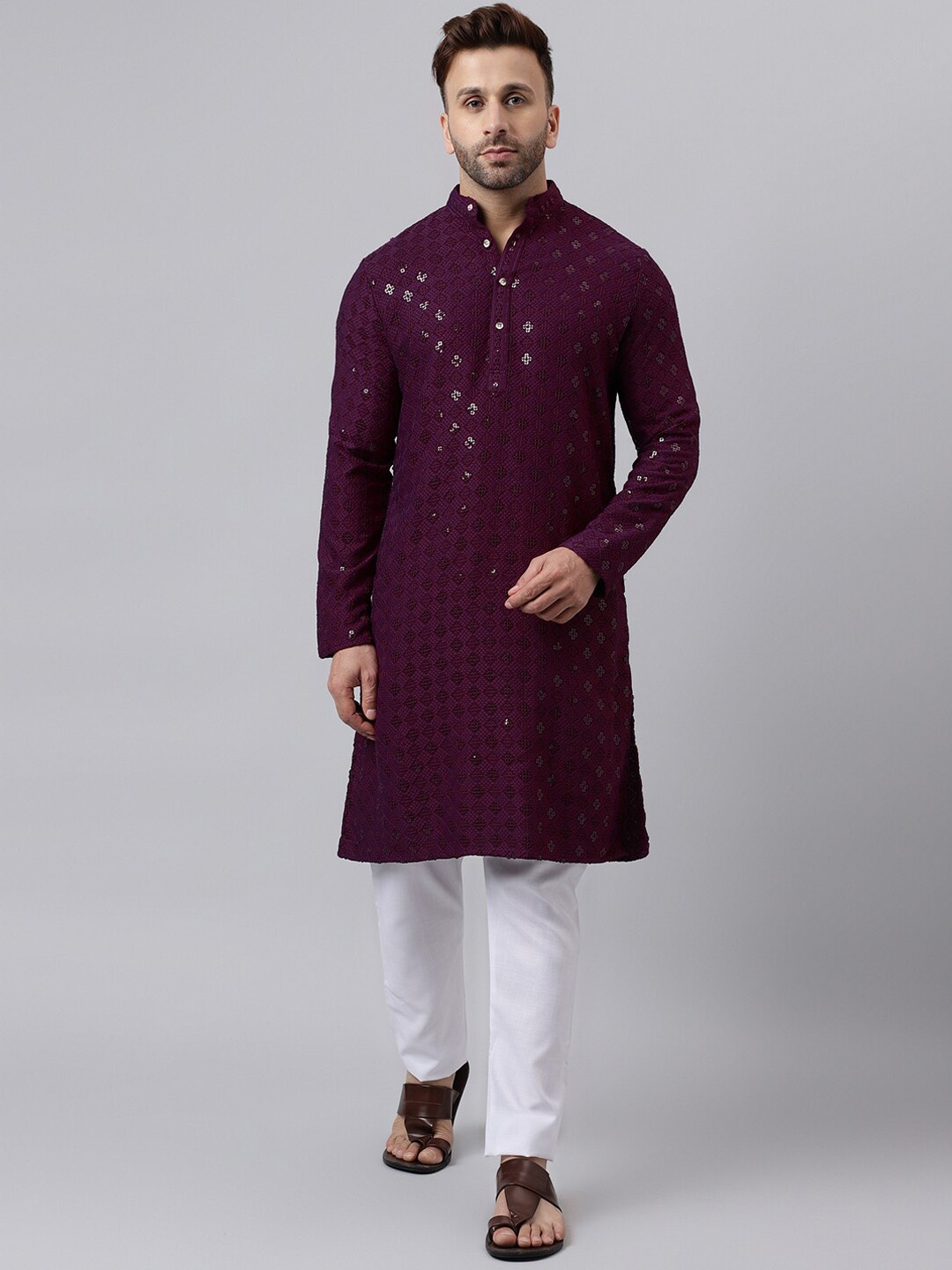 

Hangup Ethnic Motifs Embroidered Sequinned Straight Kurta With Pyjamas, Magenta