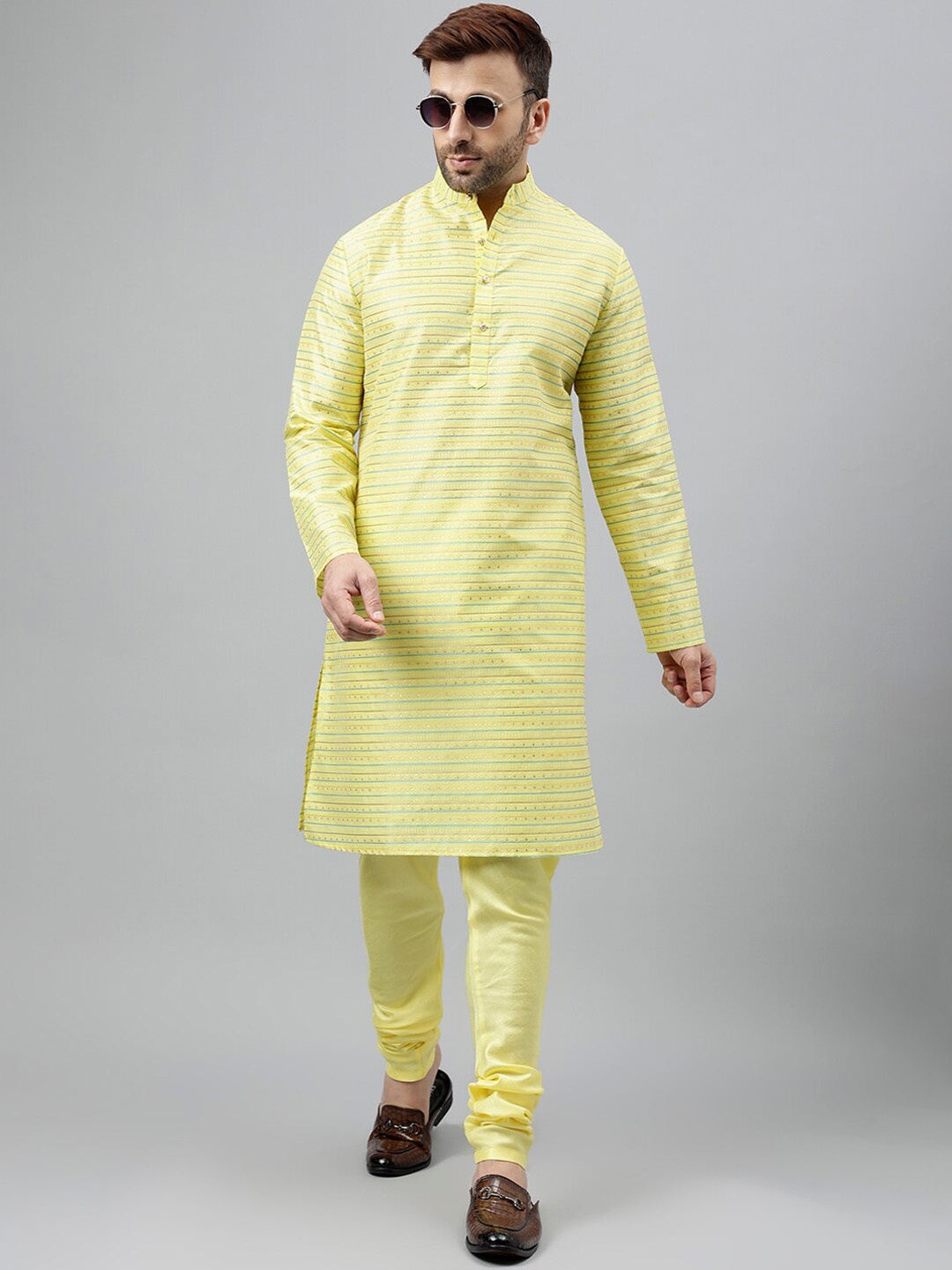 Hangup Striped Band Collar Straight Kurta With Churidar, Green